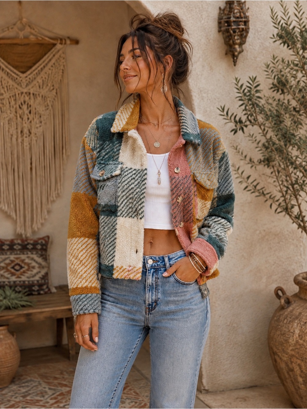 Thread & Supply Multicolored Patchwork Teddy Shacket